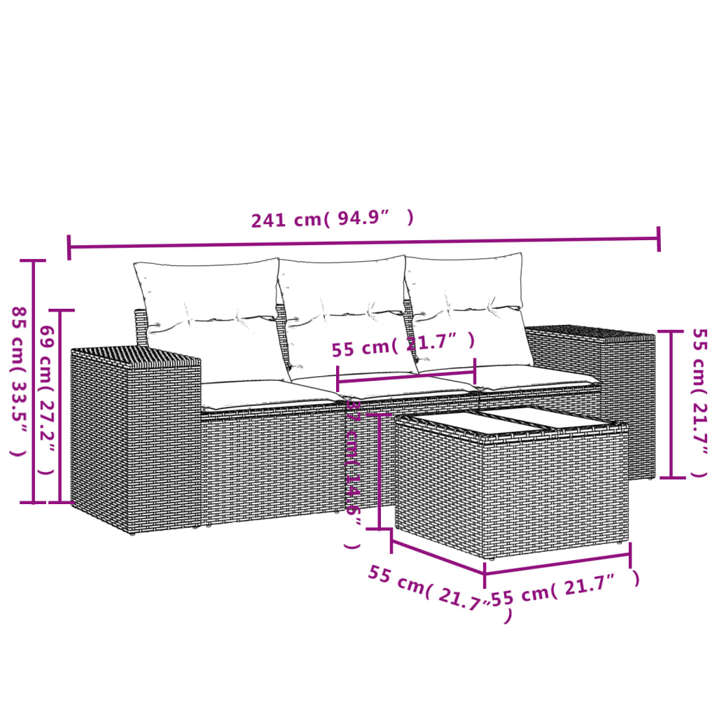 4-Delige Loungeset Met Kussens Poly Rattan Grijs