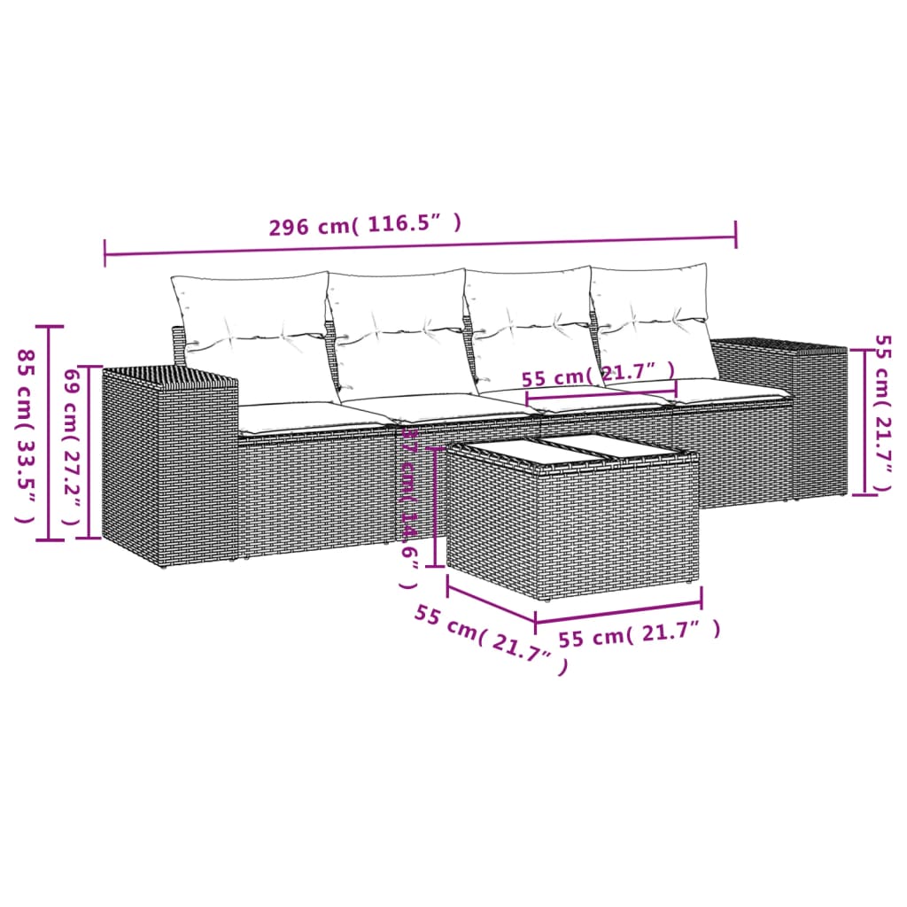 5-Delige Loungeset Met Kussens Poly Rattan Zwart