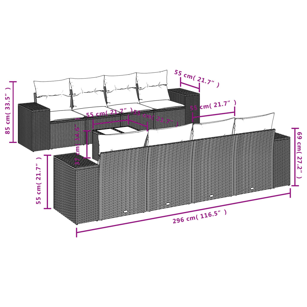 9-Delige Loungeset Met Kussens Poly Rattan Grijs