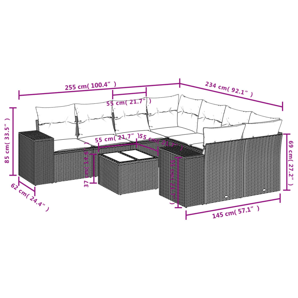 9-Delige Loungeset Met Kussens Poly Rattan Zwart