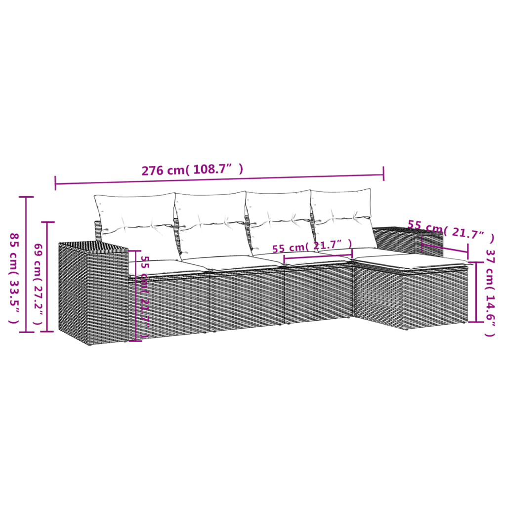 5-Delige Loungeset Met Kussens Poly Rattan Zwart