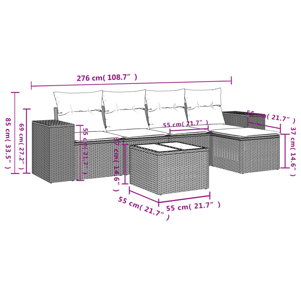 6-Delige Loungeset Met Kussens Poly Rattan Grijs