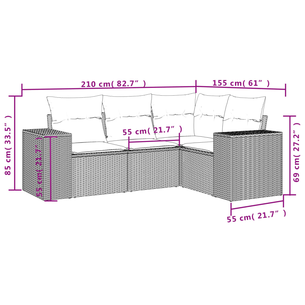 4-Delige Loungeset Met Kussens Poly Rattan Grijs