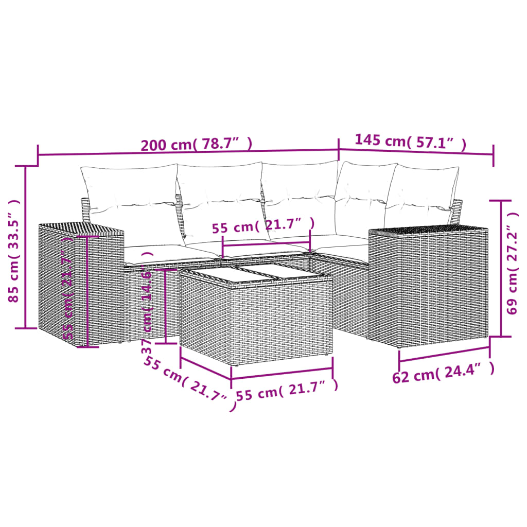 5-Delige Loungeset Met Kussens Poly Rattan Zwart