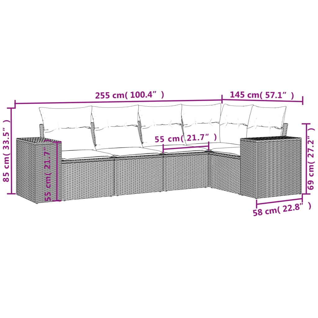 5-Delige Loungeset Met Kussens Poly Rattan Beige