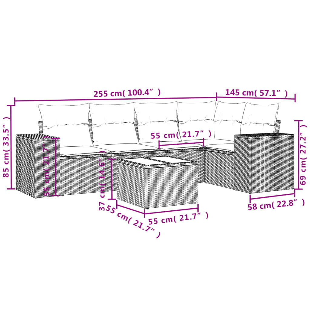 6-Delige Loungeset Met Kussens Poly Rattan Grijs