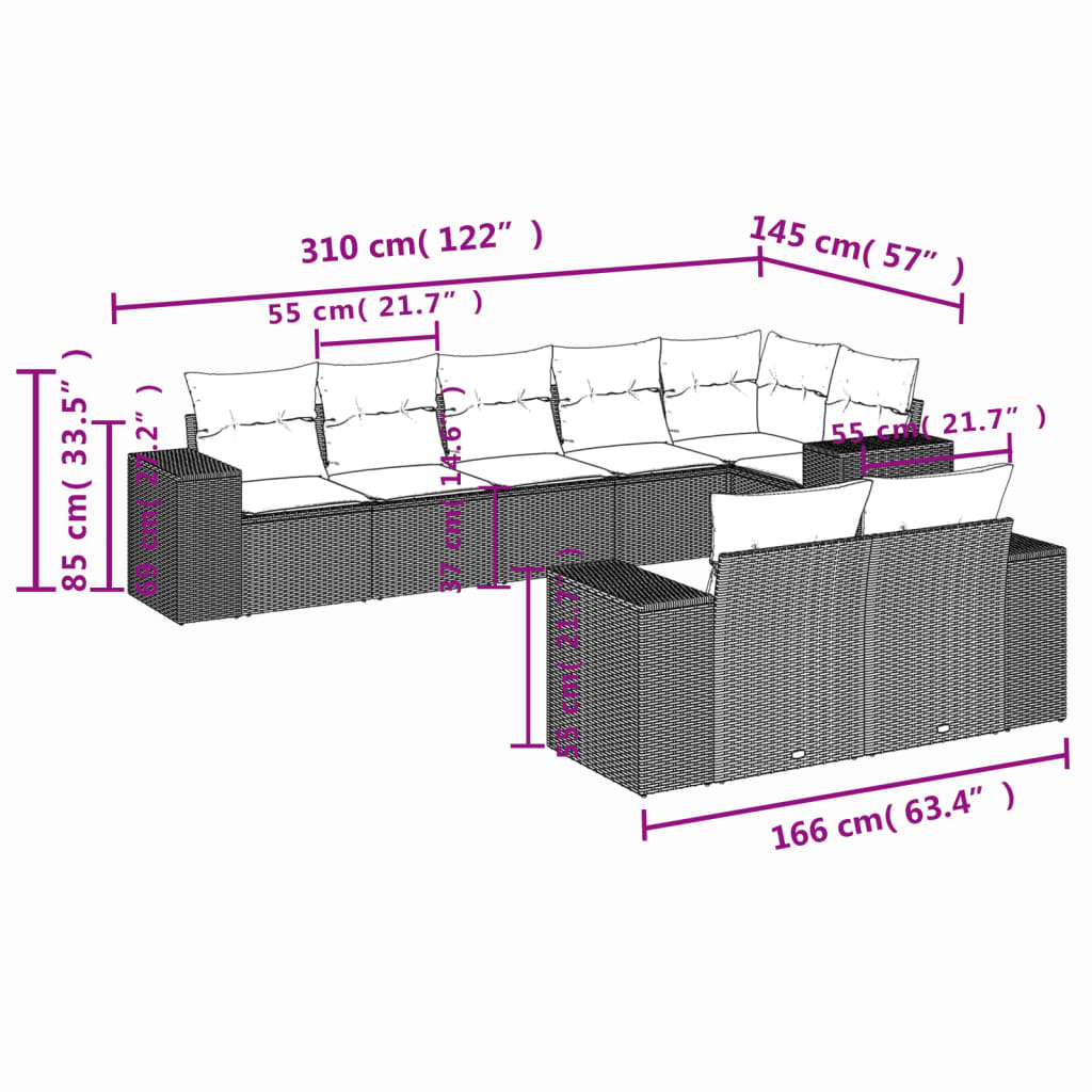 8-Delige Loungeset Met Kussens Poly Rattan Grijs