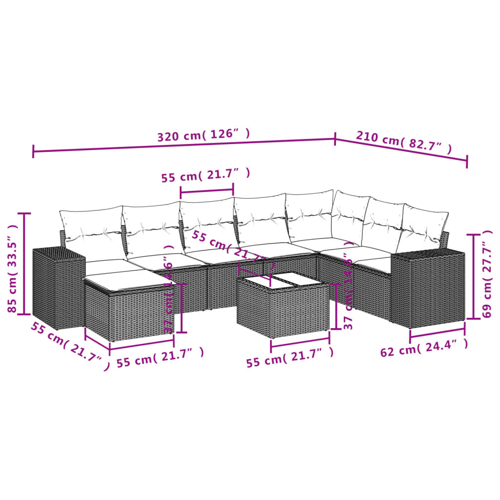 9-Delige Loungeset Met Kussens Poly Rattan Grijs