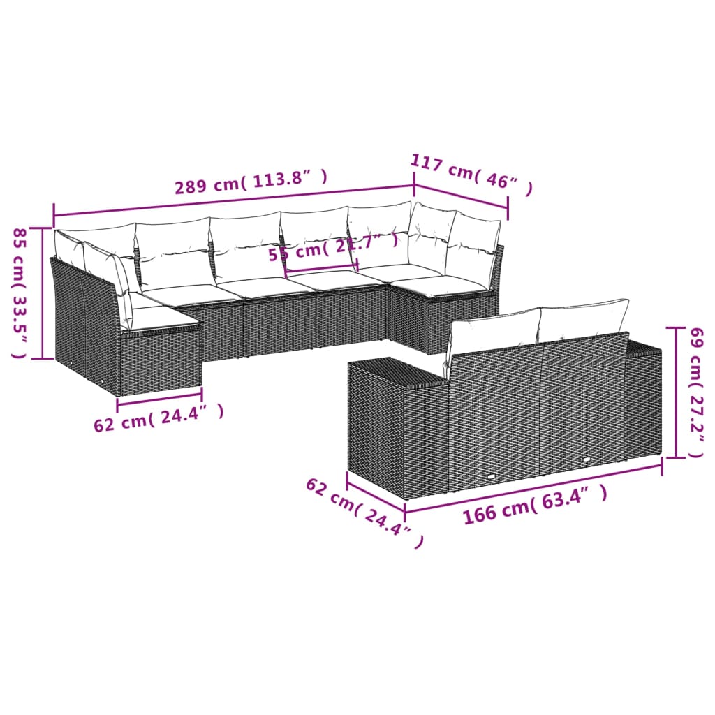 9-Delige Loungeset Met Kussens Poly Rattan Beige