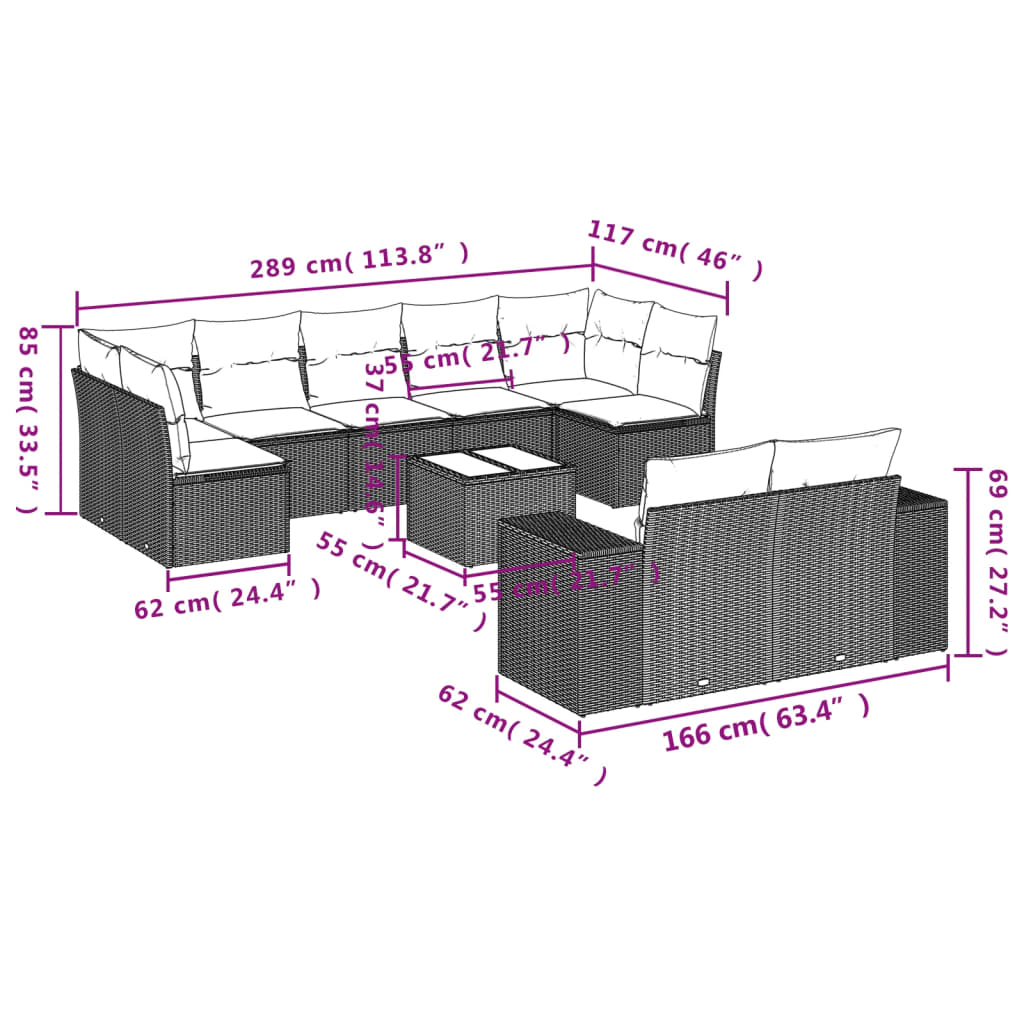 10-Delige Loungeset Met Kussens Poly Rattan Zwart