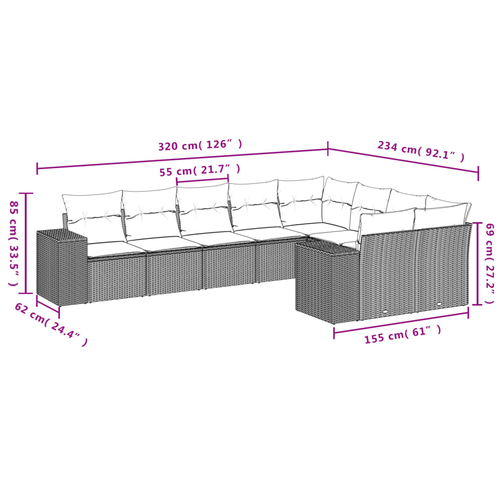 9-Delige Loungeset Met Kussens Poly Rattan Beige