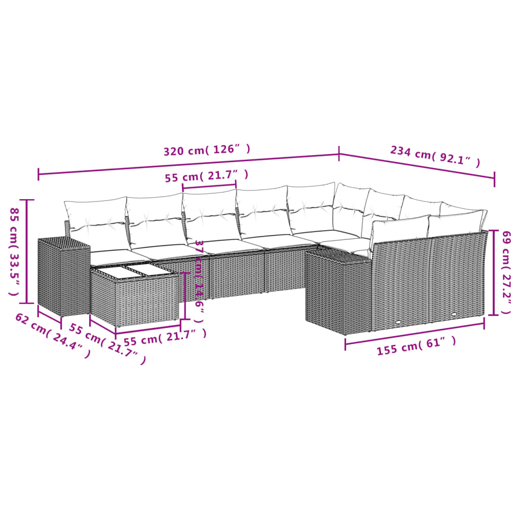 10-Delige Loungeset Met Kussens Poly Rattan Zwart