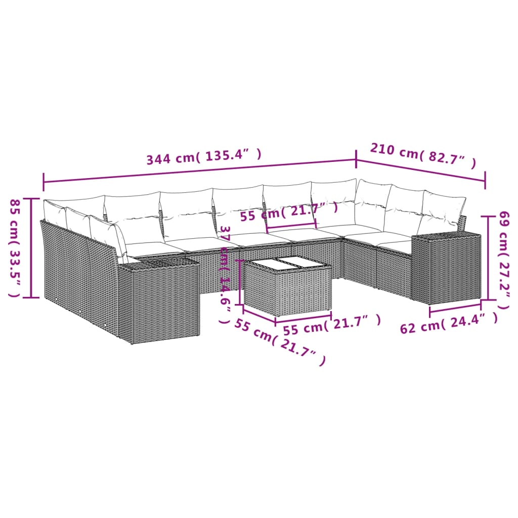 11-Delige Loungeset Met Kussens Poly Rattan Zwart