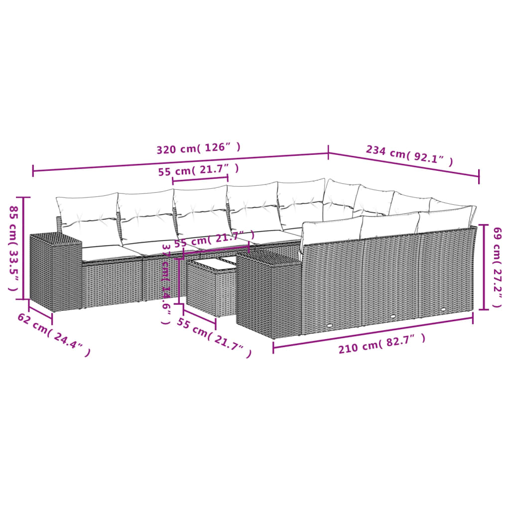 11-Delige Loungeset Met Kussens Poly Rattan Zwart