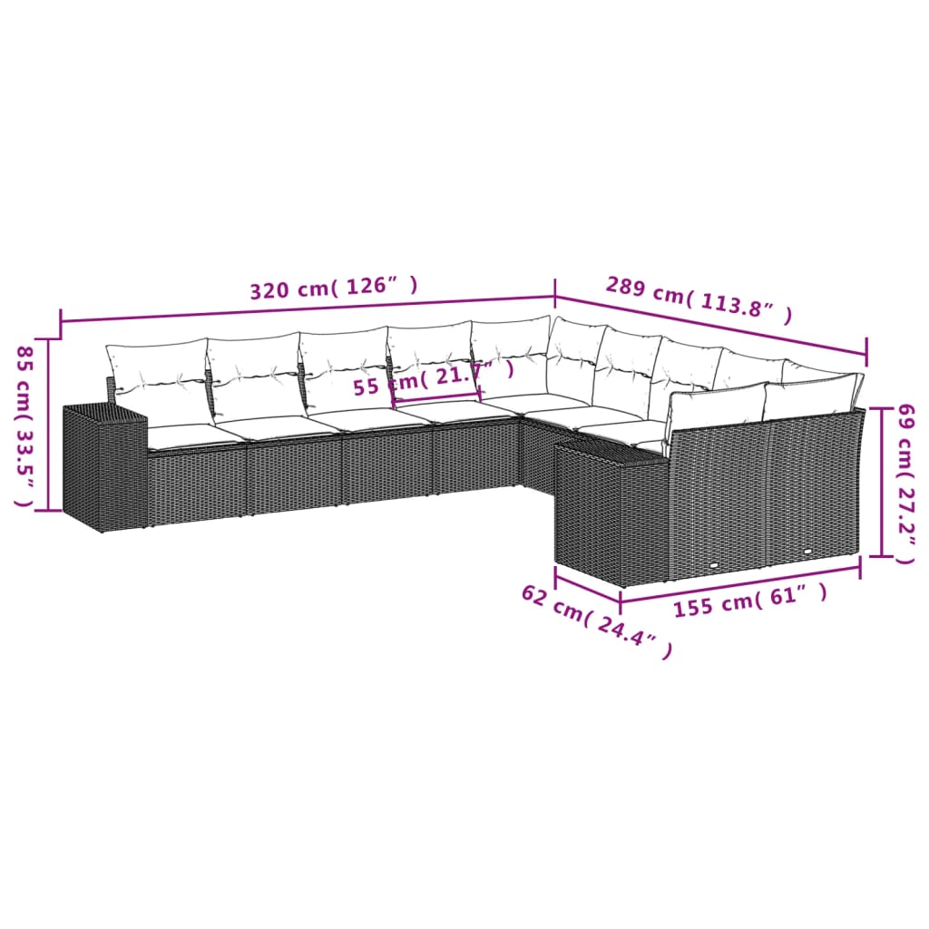 10-Delige Loungeset Met Kussens Poly Rattan Grijs