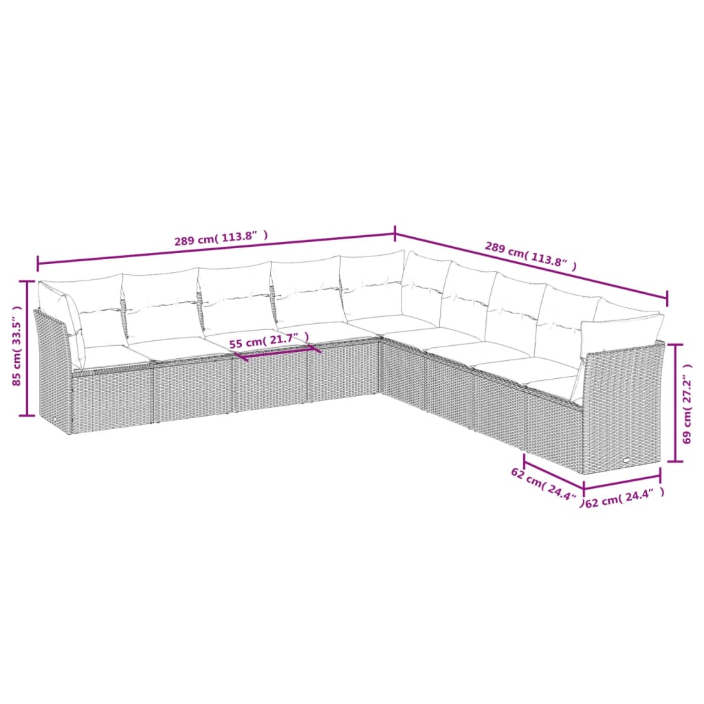 9-Delige Loungeset Met Kussens Poly Rattan Bruin