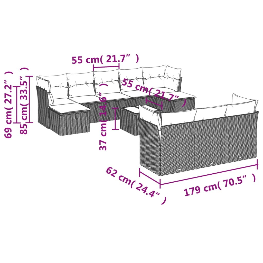 11-Delige Loungeset Met Kussens Poly Rattan Zwart