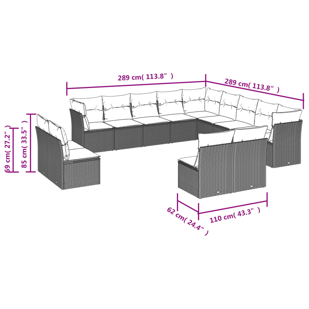 13-Delige Loungeset Met Kussens Poly Rattan Zwart