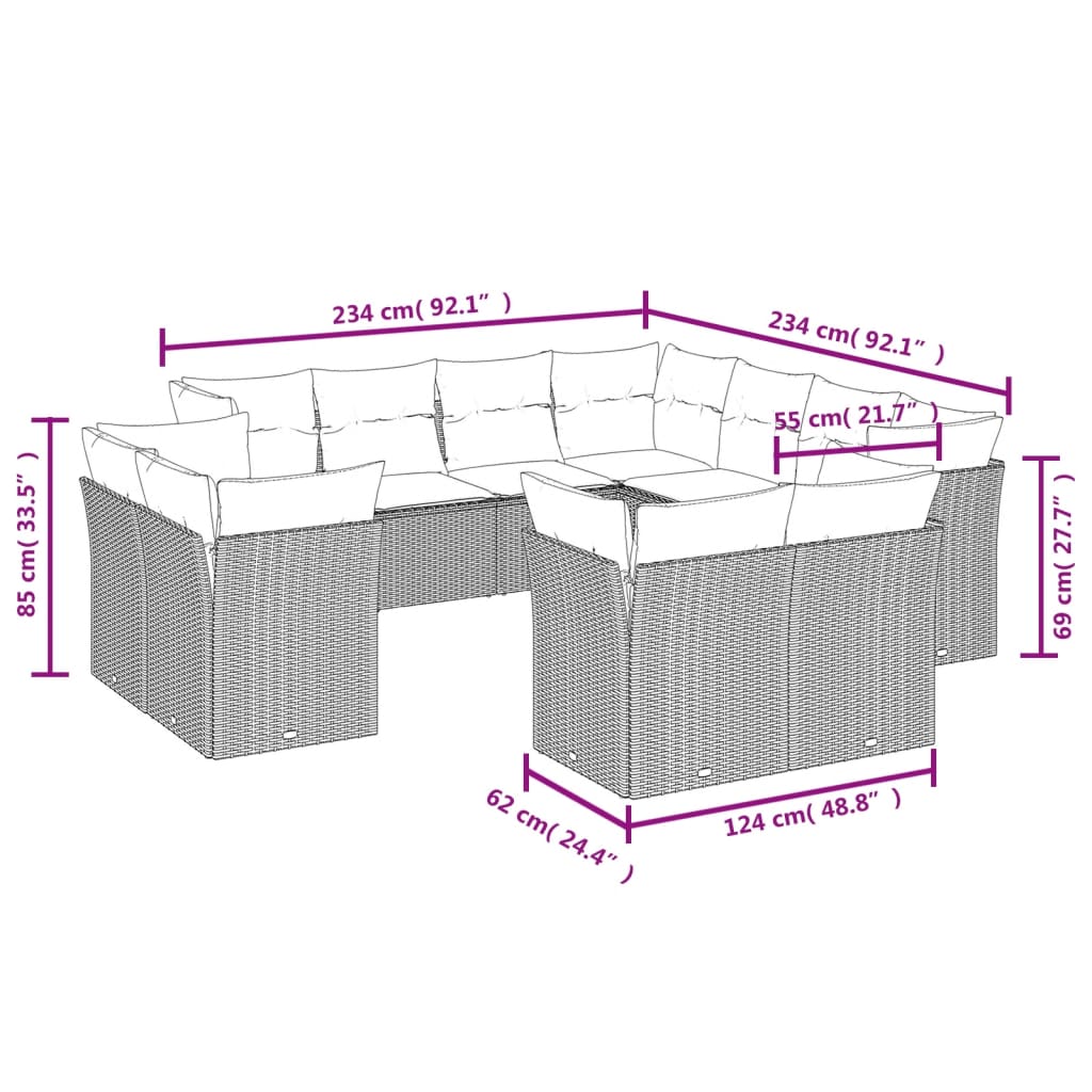 11-Delige Loungeset Met Kussens Poly Rattan Zwart