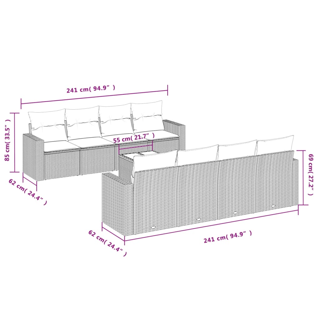 9-Delige Loungeset Met Kussens Poly Rattan Zwart