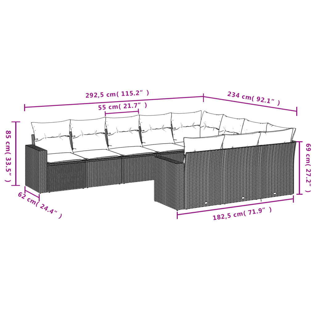 10-Delige Loungeset Met Kussens Poly Rattan Zwart