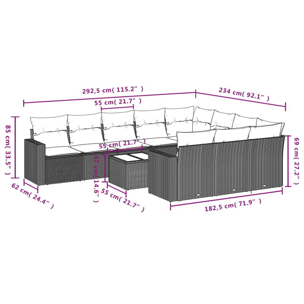 11-Delige Loungeset Met Kussens Poly Rattan Zwart