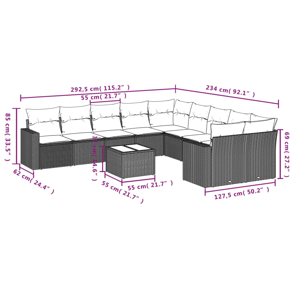 11-Delige Loungeset Met Kussens Poly Rattan Zwart