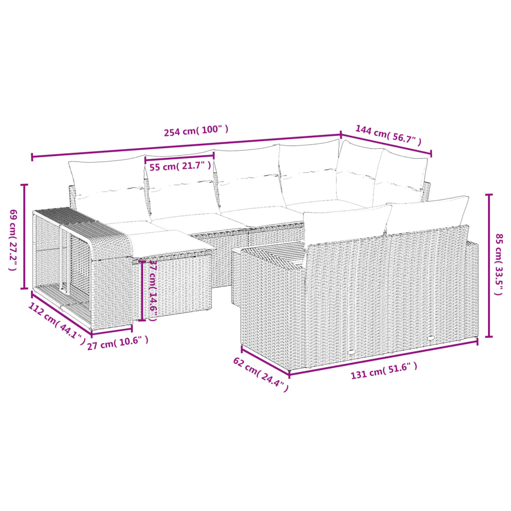 11-Delige Loungeset Met Kussens Poly Rattan Zwart