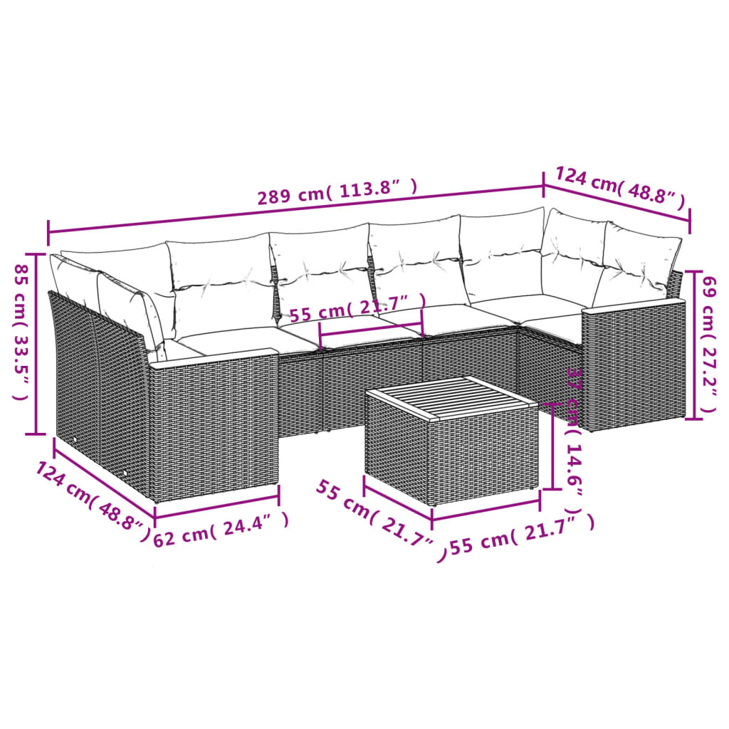 8-Delige Loungeset Met Kussens Poly Rattan Grijs