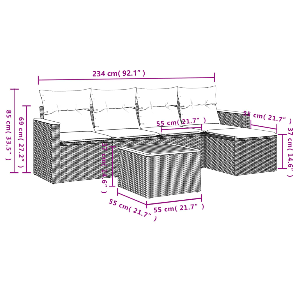 6-Delige Loungeset Met Kussens Poly Rattan Grijs