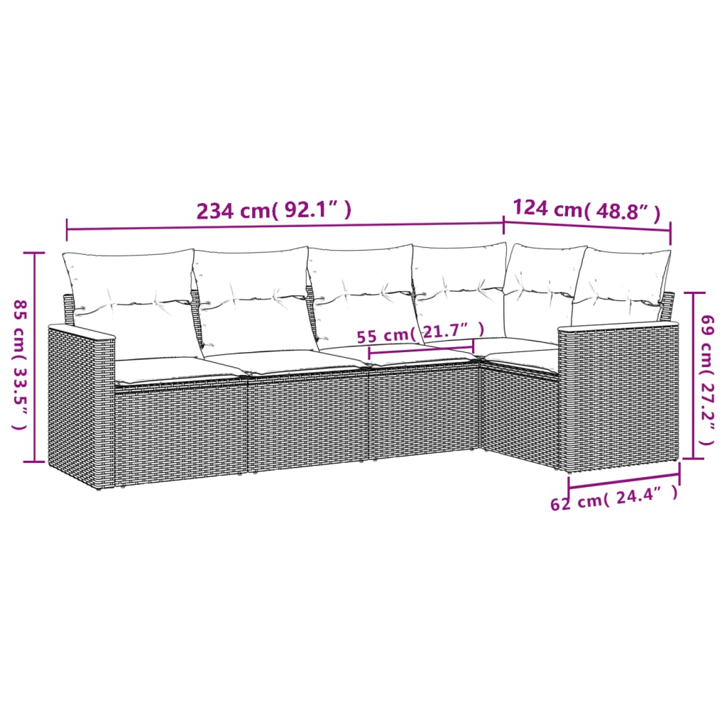 5-Delige Loungeset Met Kussens Poly Rattan Grijs