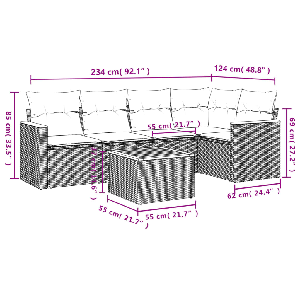 6-Delige Loungeset Met Kussens Poly Rattan Grijs