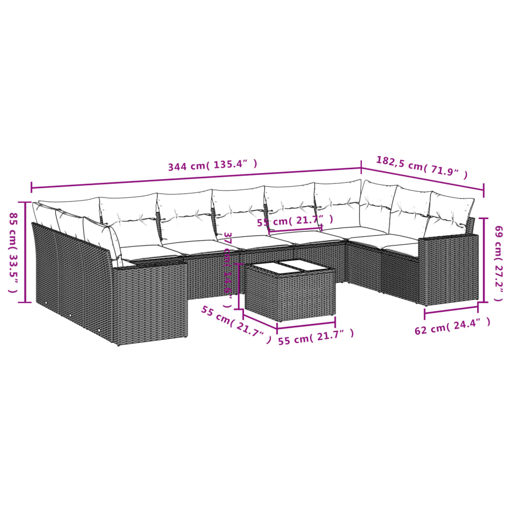 11-Delige Loungeset Met Kussens Poly Rattan Zwart