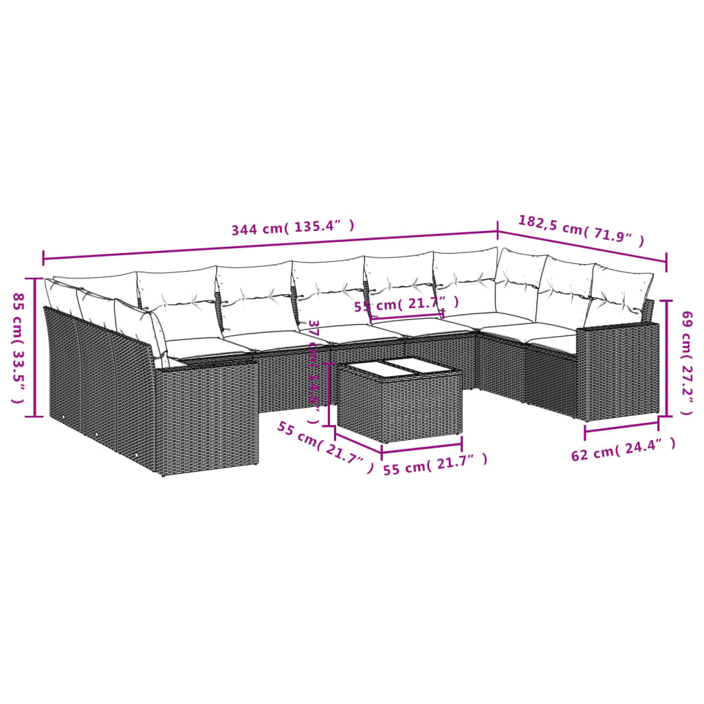 11-Delige Loungeset Met Kussens Poly Rattan Grijs