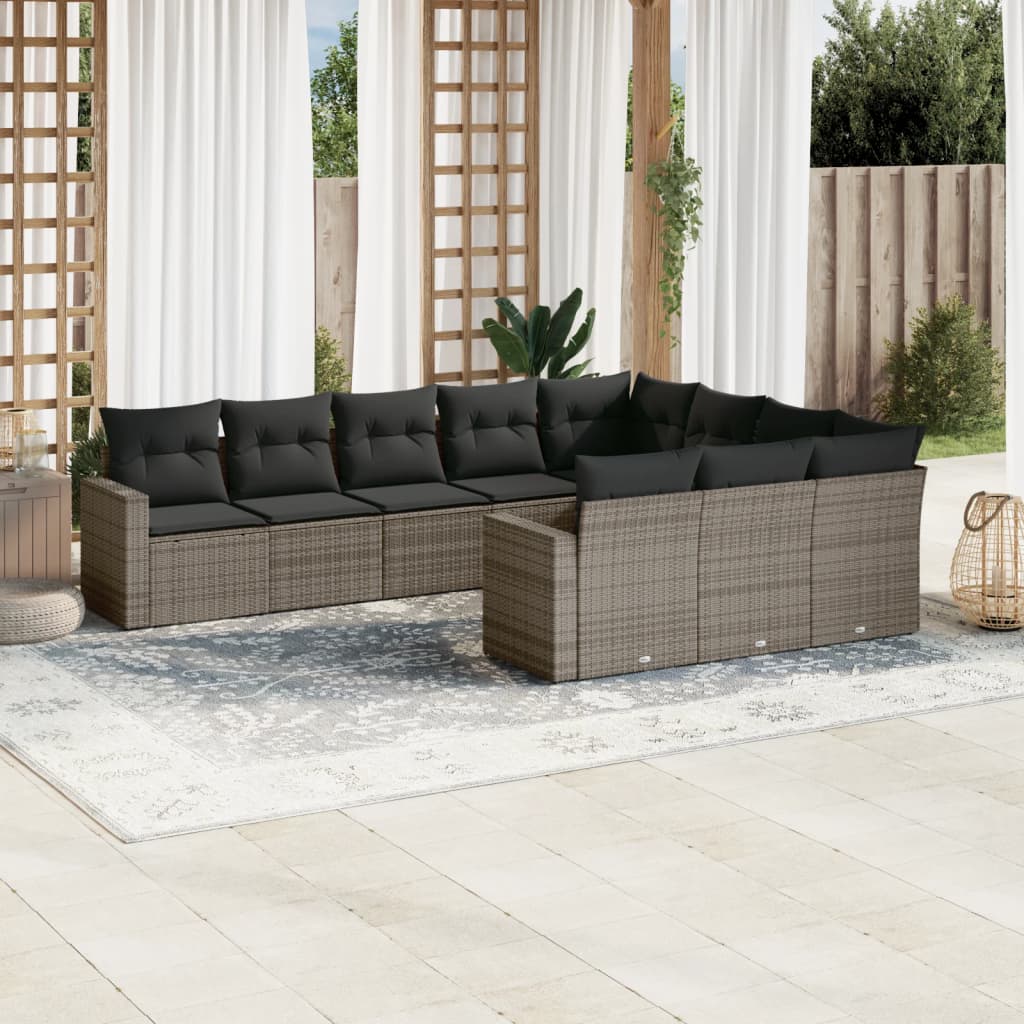 10-Delige Loungeset Met Kussens Poly Rattan Grijs