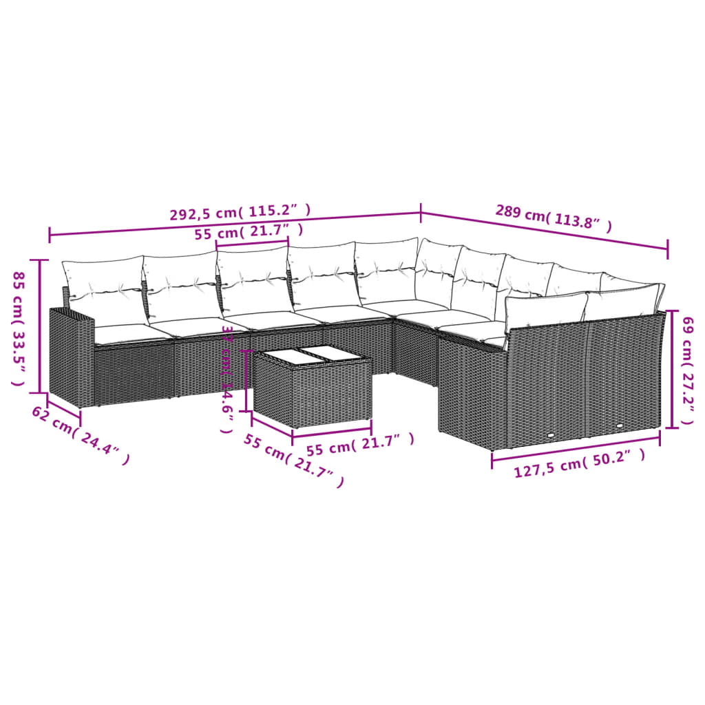 11-Delige Loungeset Met Kussens Poly Rattan Grijs