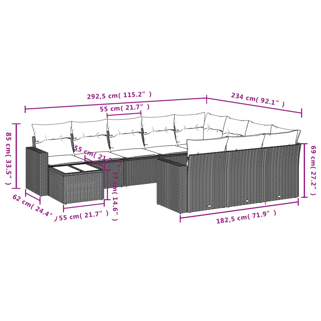 11-Delige Loungeset Met Kussens Poly Rattan Grijs