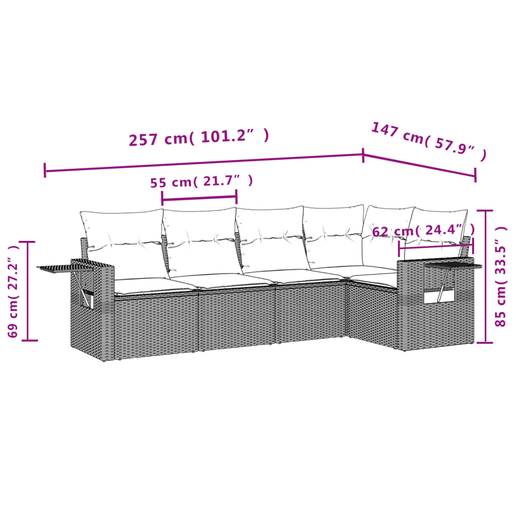 5-Delige Loungeset Met Kussens Poly Rattan Grijs
