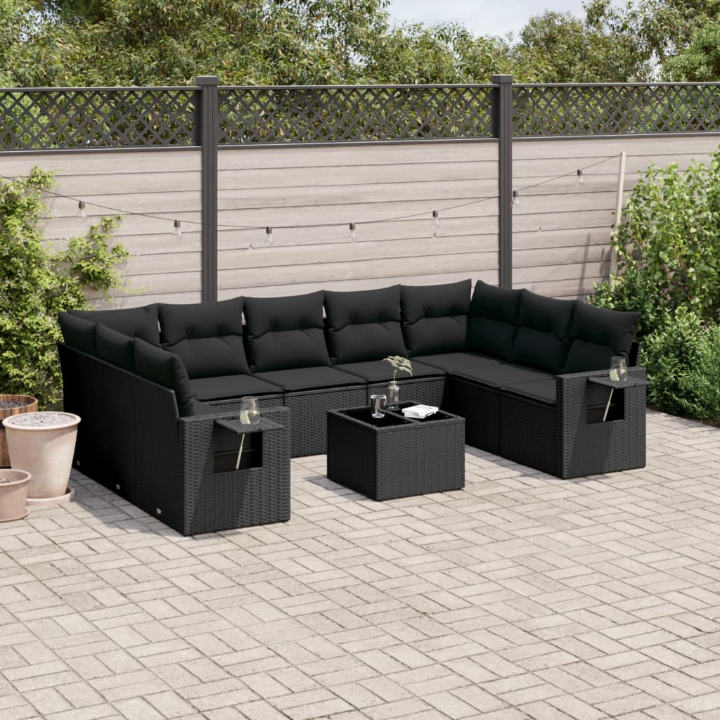 10-Delige Loungeset Met Kussens Poly Rattan Zwart