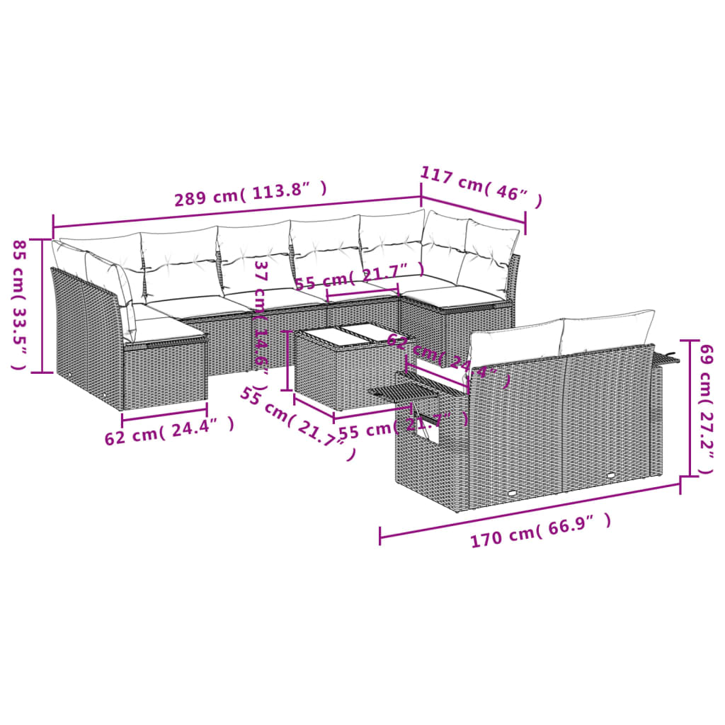 10-Delige Loungeset Met Kussens Poly Rattan Zwart