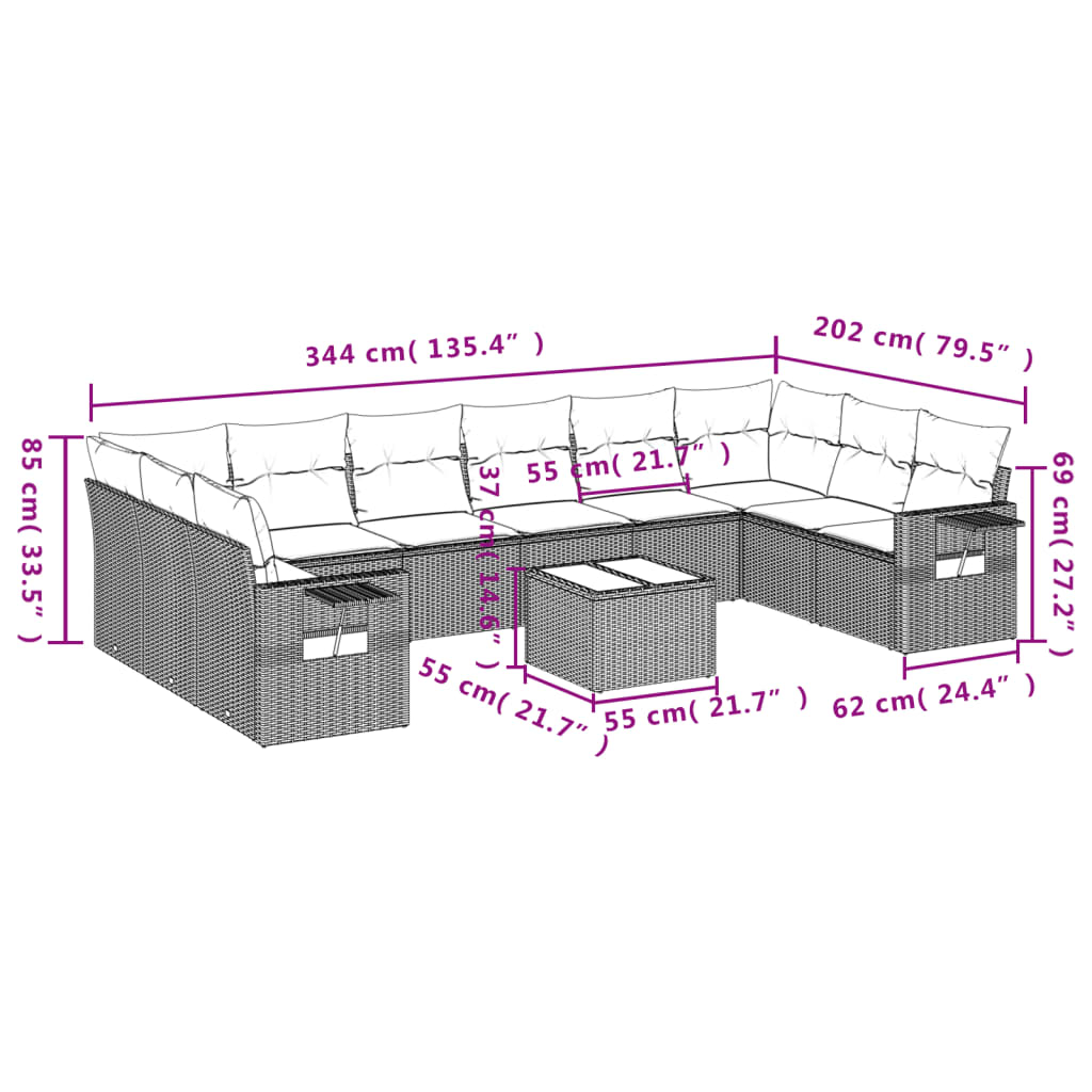 11-Delige Loungeset Met Kussens Poly Rattan Zwart