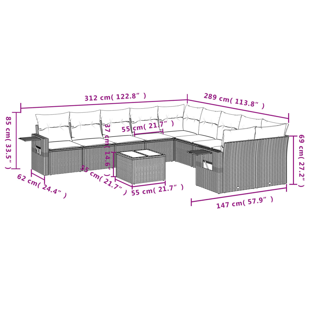 11-Delige Loungeset Met Kussens Poly Rattan Zwart