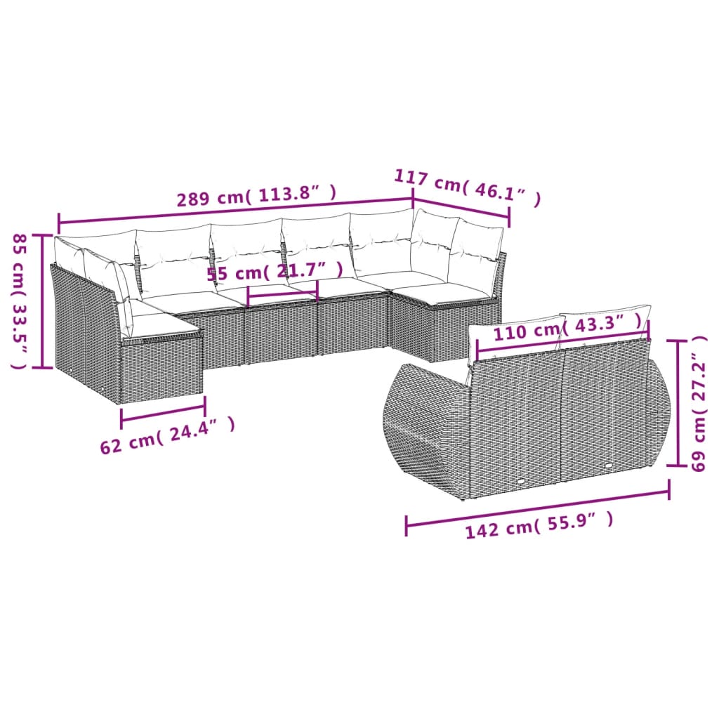 9-Delige Loungeset Met Kussens Poly Rattan Beige