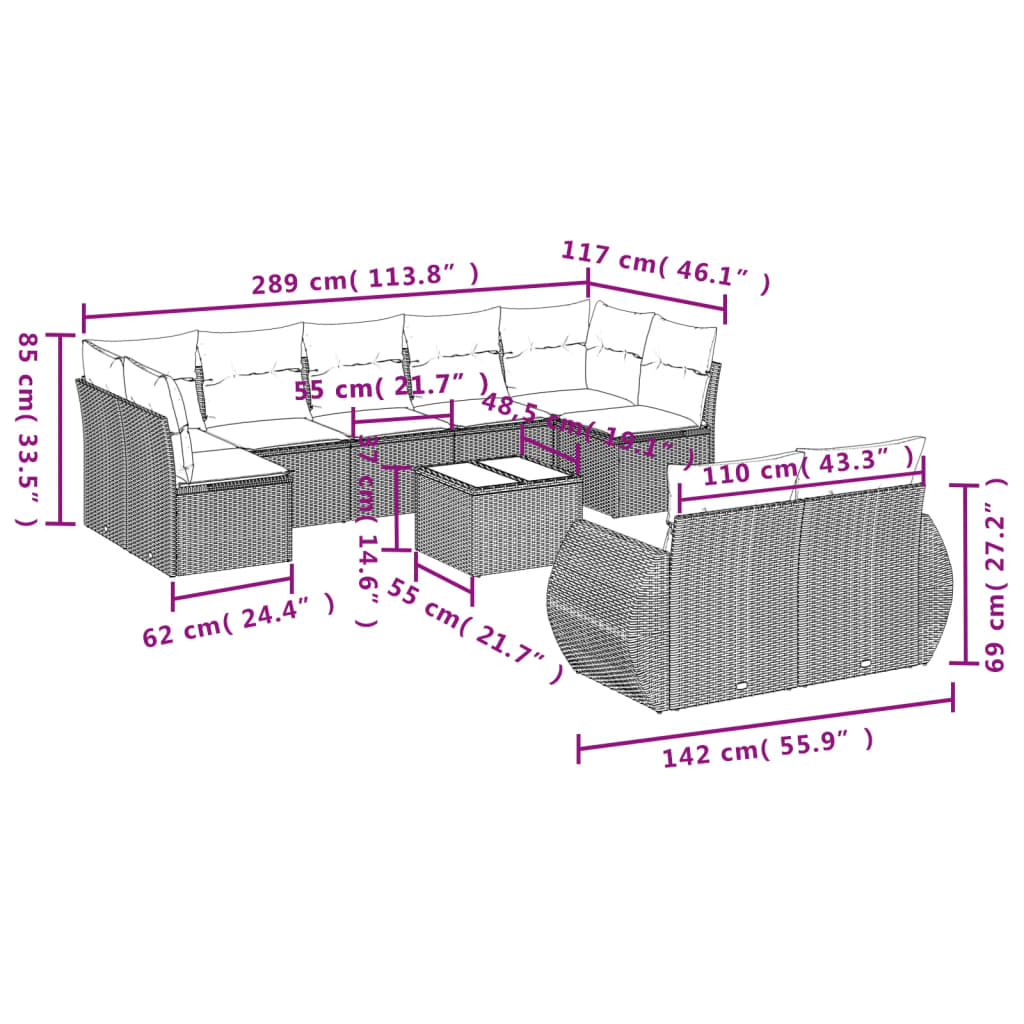 10-Delige Loungeset Met Kussens Poly Rattan Zwart