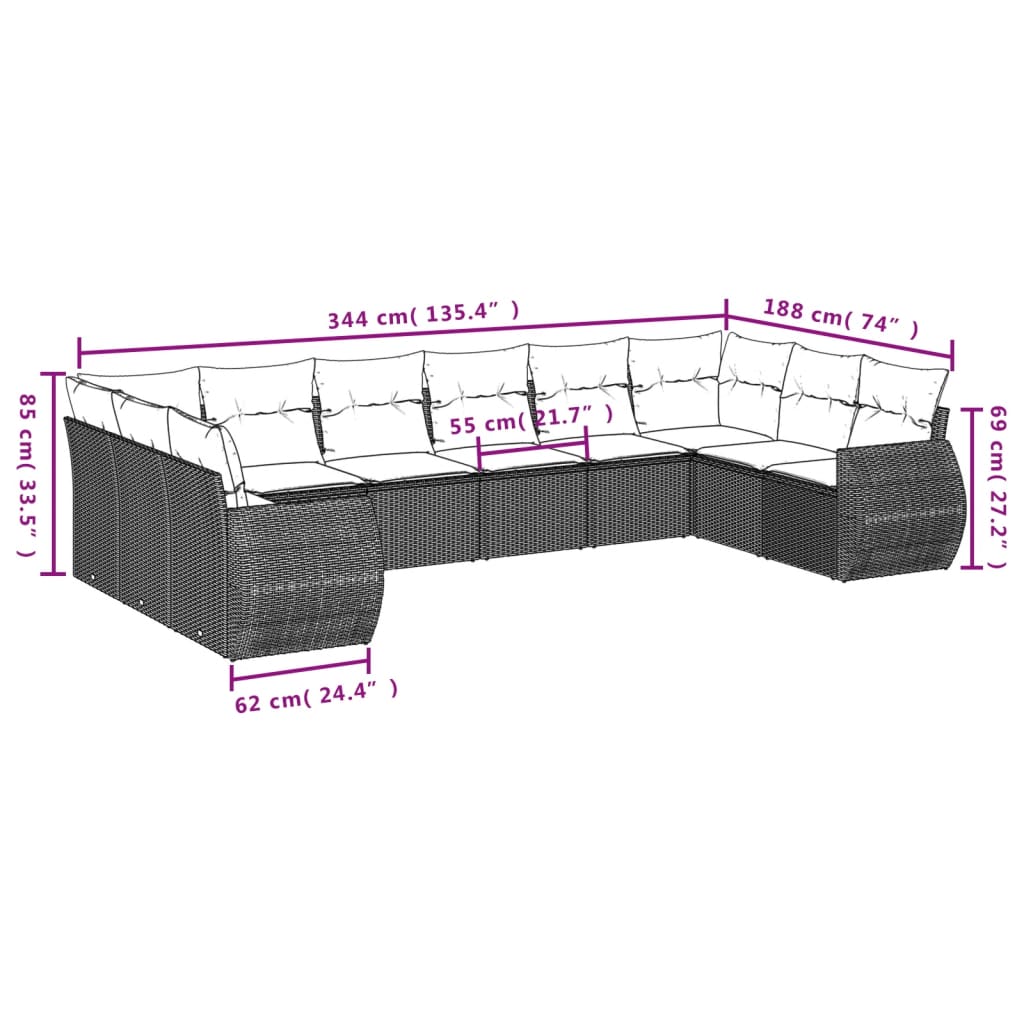 10-Delige Loungeset Met Kussens Poly Rattan Zwart