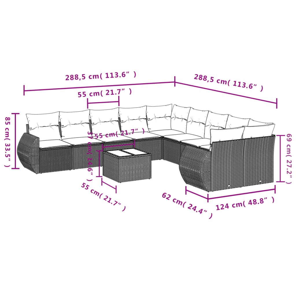 11-Delige Loungeset Met Kussens Poly Rattan Zwart