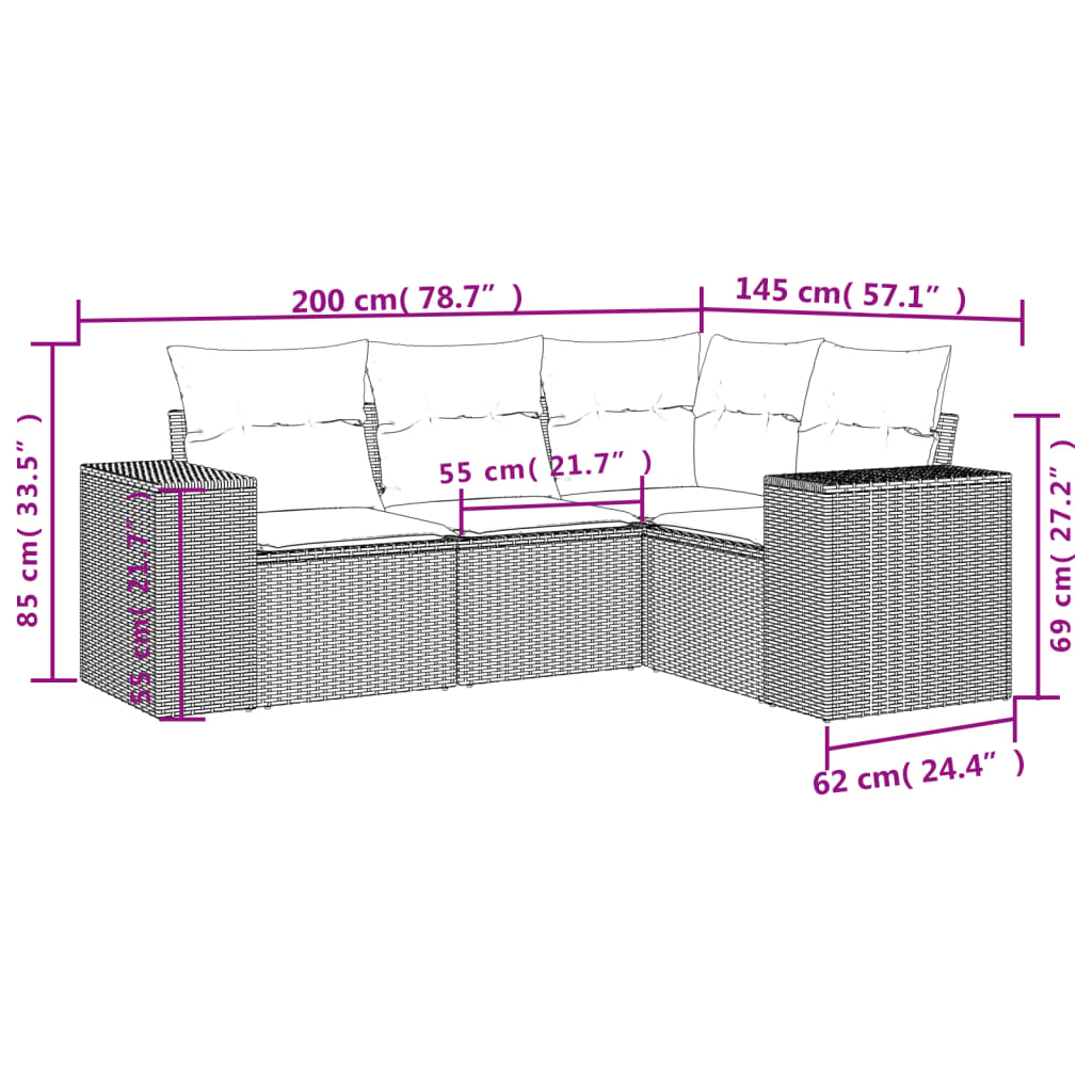 4-Delige Loungeset Met Kussens Poly Rattan Grijs