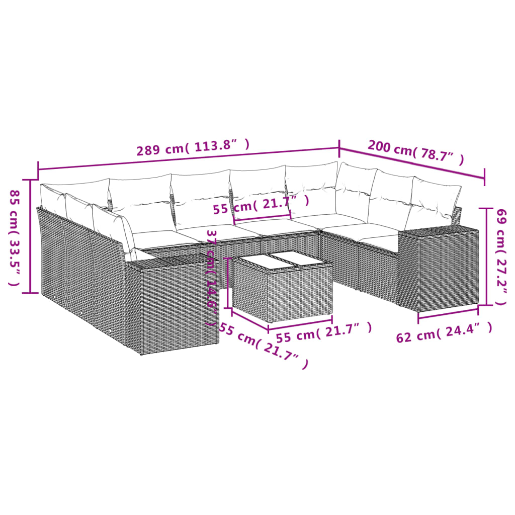 10-Delige Loungeset Met Kussens Poly Rattan Zwart