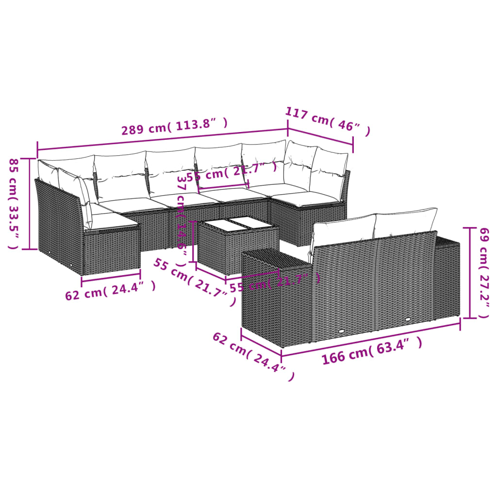 10-Delige Loungeset Met Kussens Poly Rattan Beige