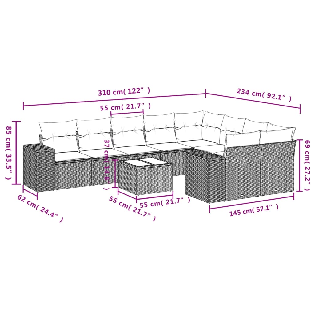 10-Delige Loungeset Met Kussens Poly Rattan Zwart